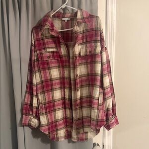 White Birch Pink & Cream Plaid Flannel Shirt | Button Up Cozy Shacket Style